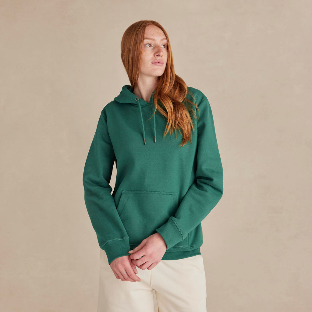 Woman wearing BayBerry Heavyweight Organic Brushed Unisex Hood by Kofa Goods
