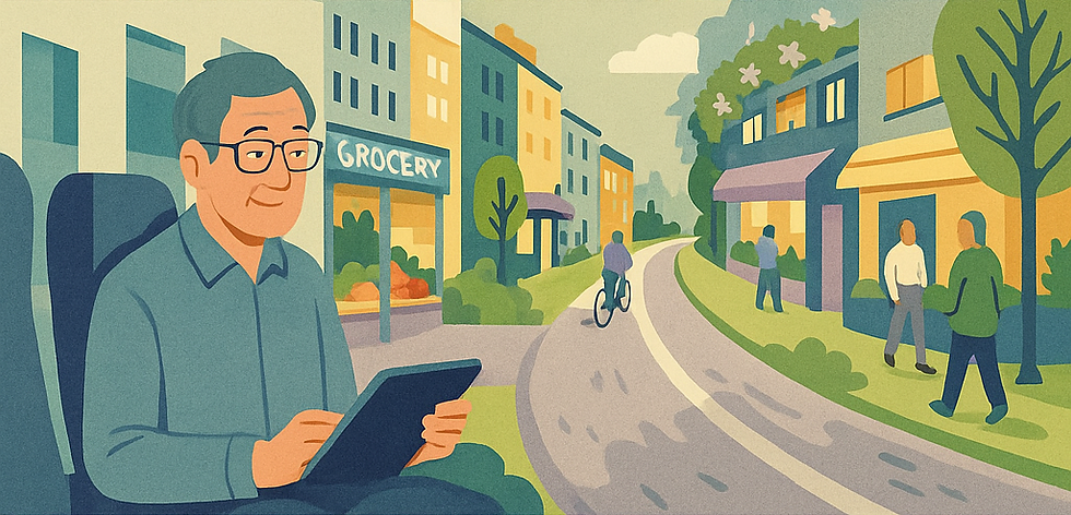 Man with tablet seated in a train. A colorful neighborhood street is seen ut the window. Grocery store nearby, cyclist rides, two people walk. Calm, sunny atmosphere.