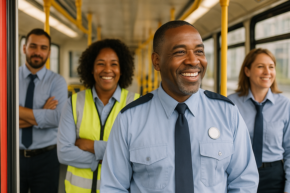 Four bus drivers in uniform smile inside a bright bus, with yellow poles and seats. The mood is cheerful and professional.