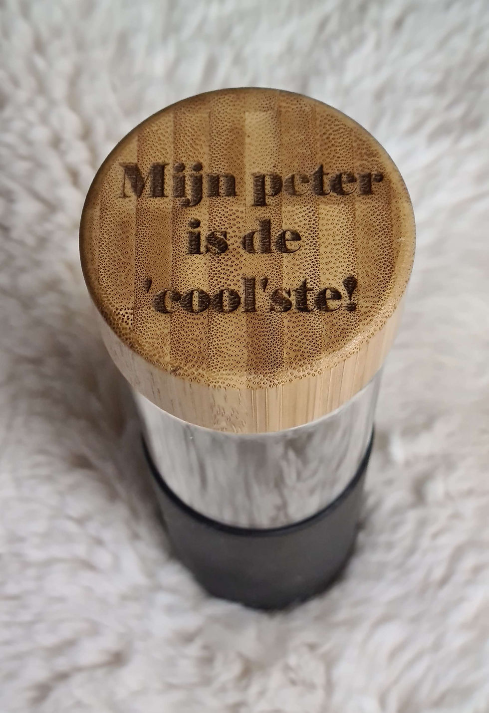Thumbnail: Glazen drinkfles met houten dop : Mijn peter is de ´cool´ste