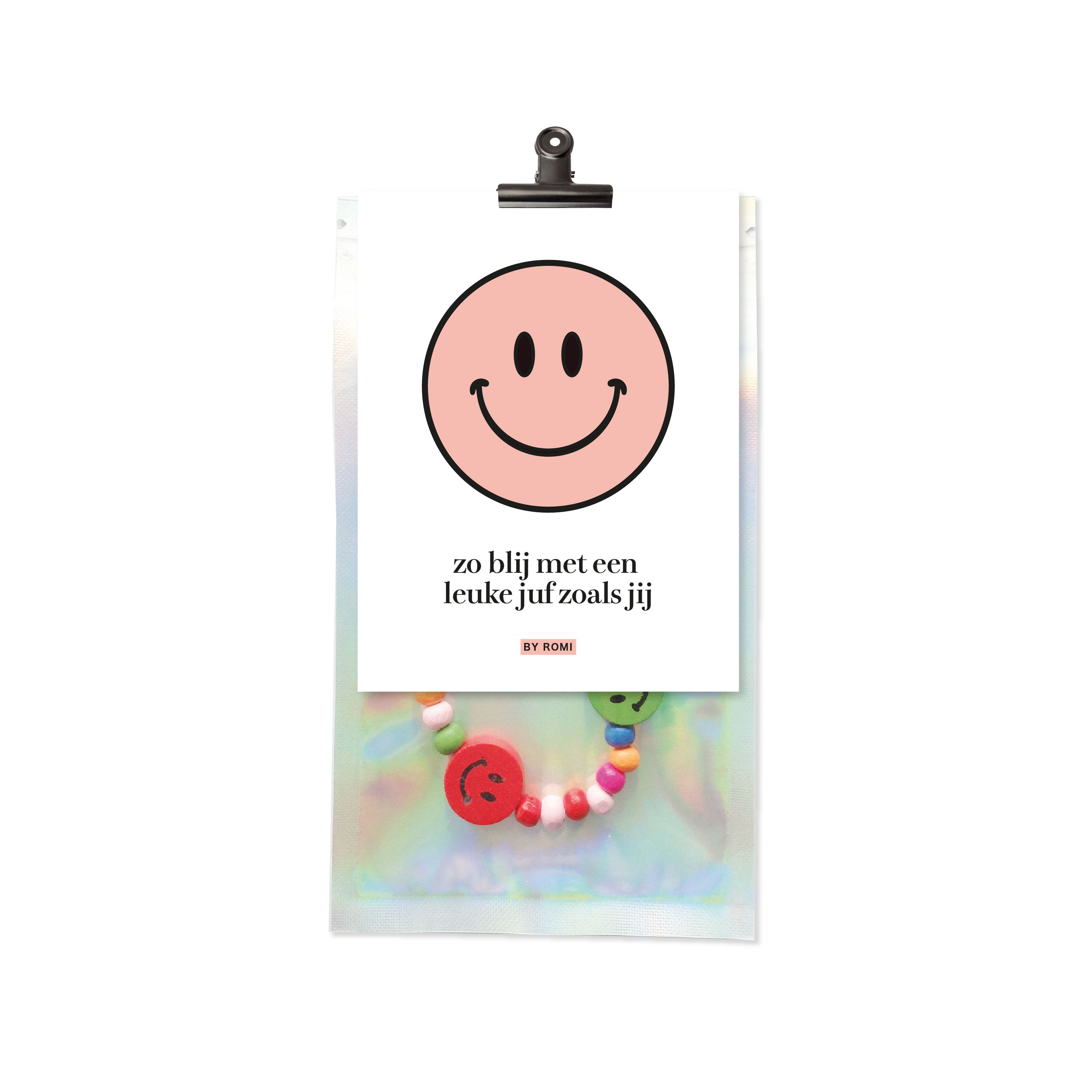 Juf / Armbandje in zakje / Zo blij met een leuke juf zoals jij / Smiley