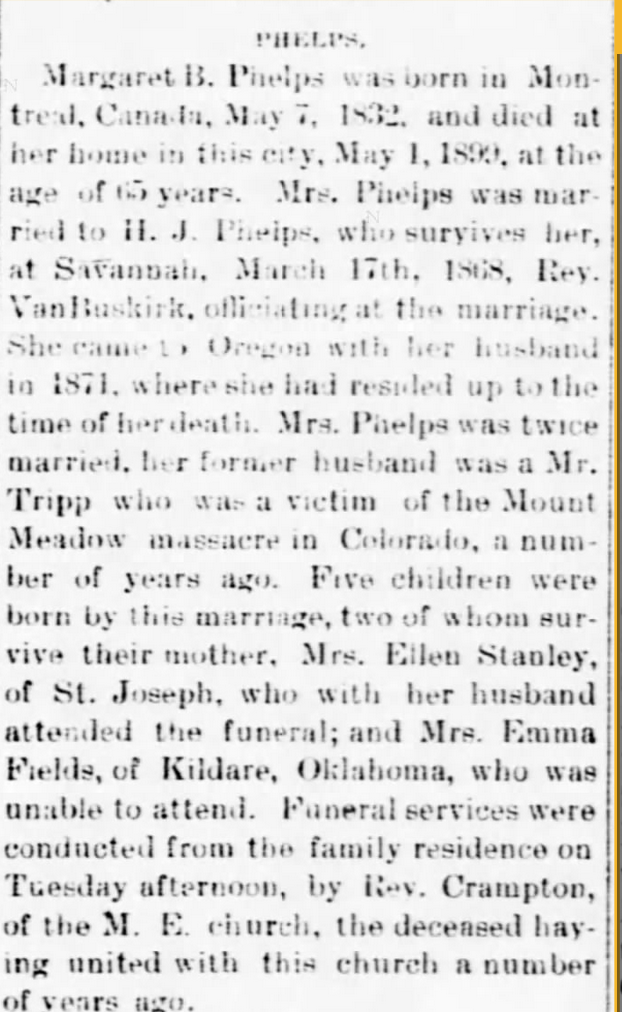 Margaret's obituary, May 5, 1899, The Holt County Sentinel, Oregon, Missouri