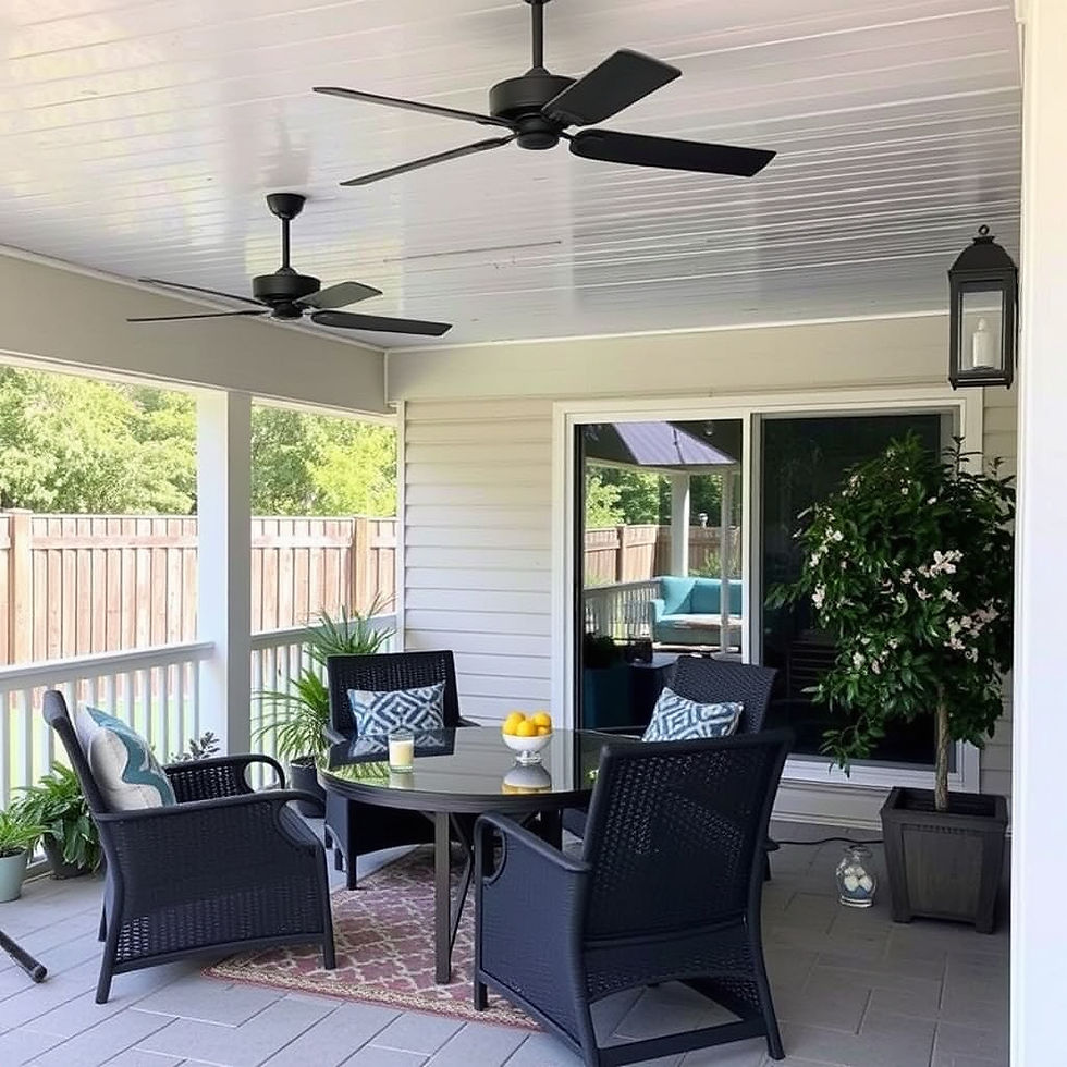 A covered backyard patio with a dining table, chairs, and an active ceiling fan.