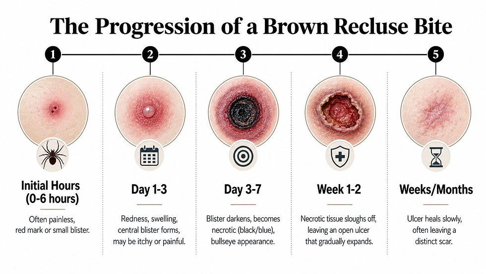  Medical diagram showing the progression stages of a brown recluse spider bite from initial redness to healing