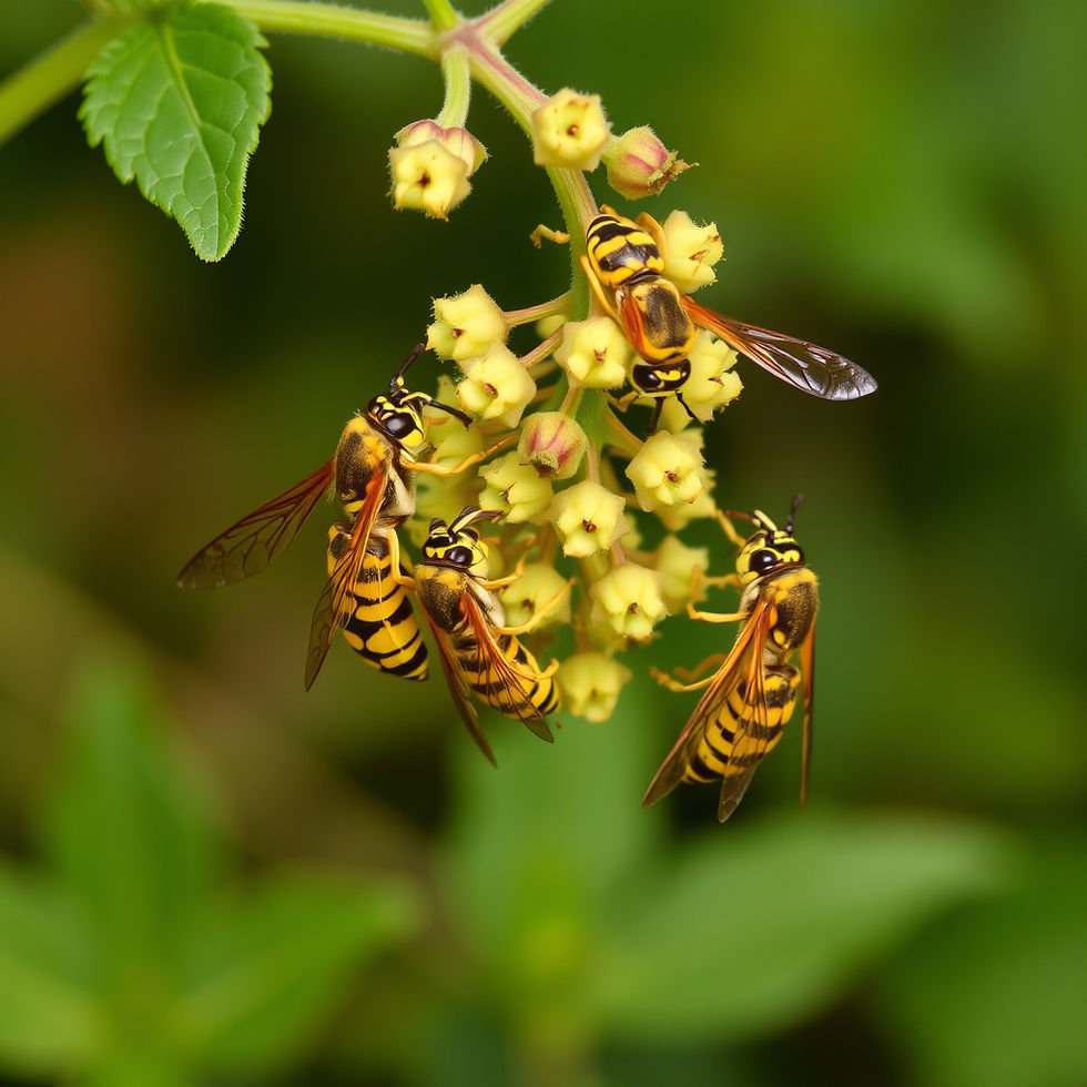 Paper wasps clustering on a small nest hanging from a green plant stem, helping Wichita homeowners identify local stinging insects.