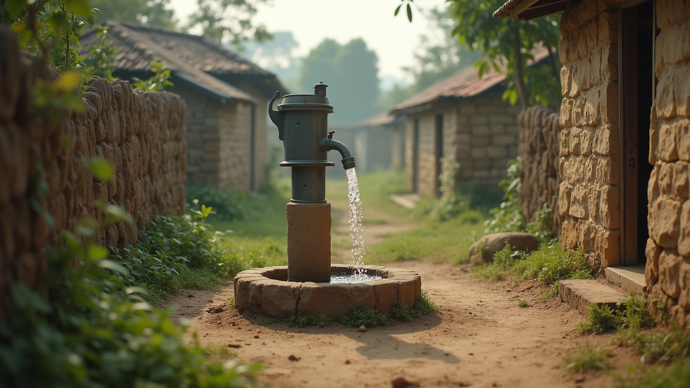 Eye-level view of a community water well in a rural village