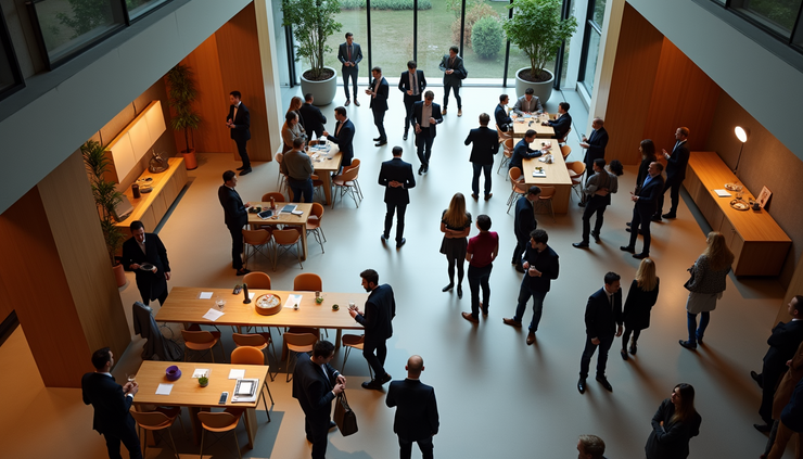 High angle view of a bright event space with attendees mingling during a break