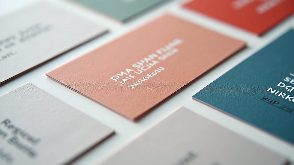 Close-up view of printed business cards with sharp text and vibrant colours