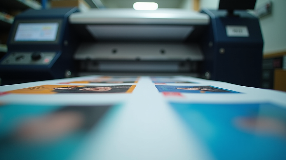 Eye-level view of a modern printing machine producing colourful flyers