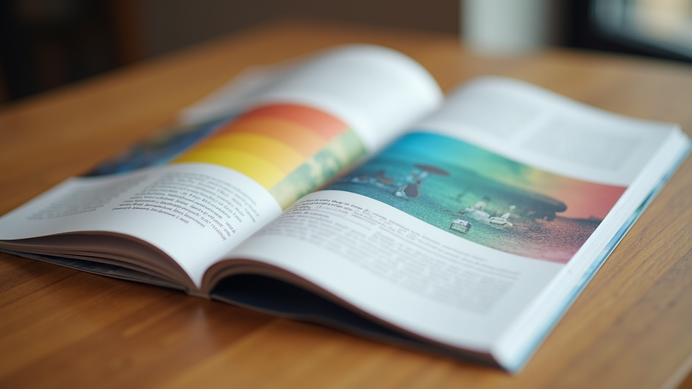 Close-up view of a printed brochure with vibrant colours on a wooden table