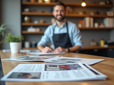 A professional-looking print shop counter displaying various high-quality printed material