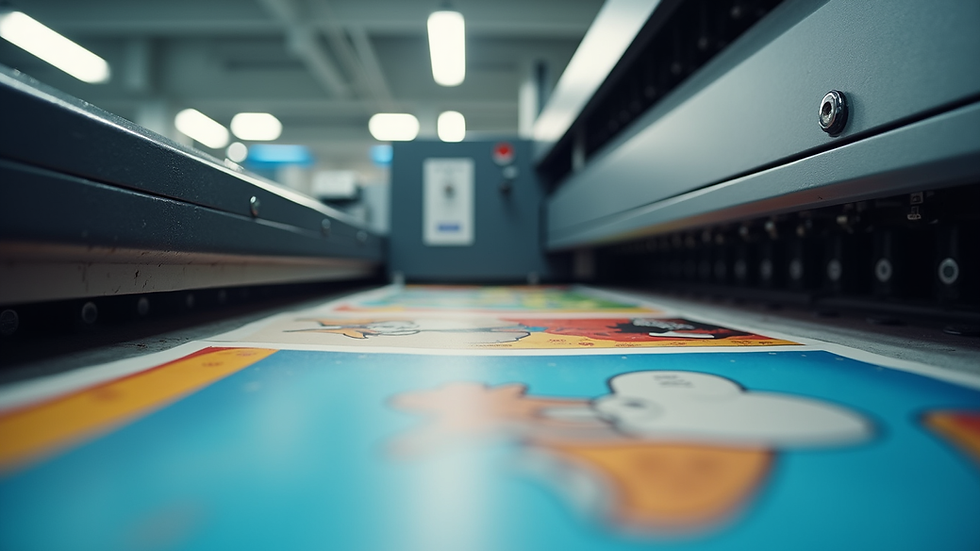 Eye-level view of a modern printing machine producing vibrant posters