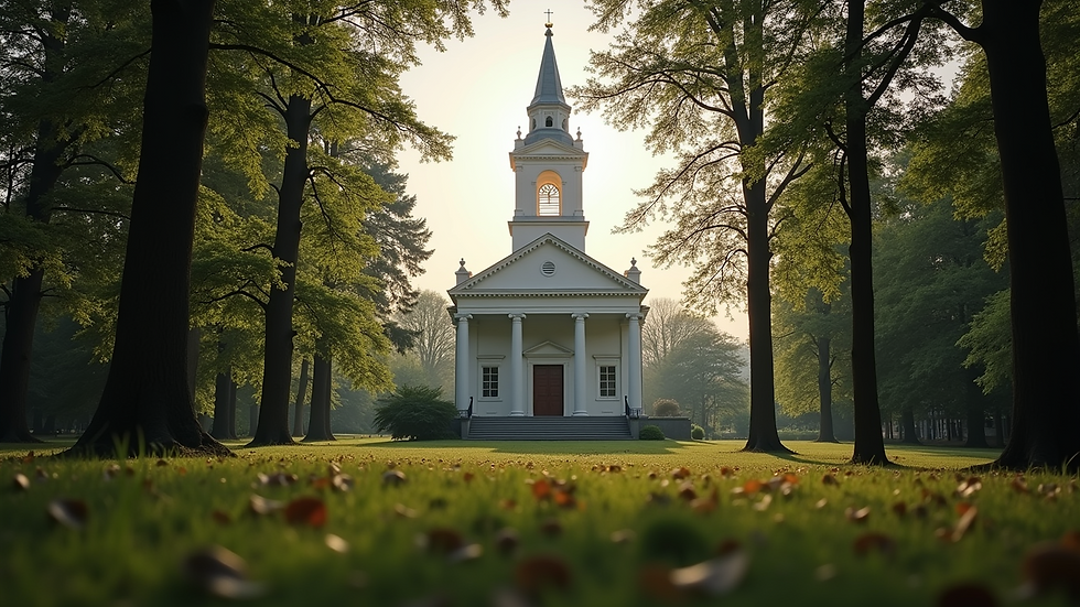 Eye-level view of a serene church building surrounded by trees