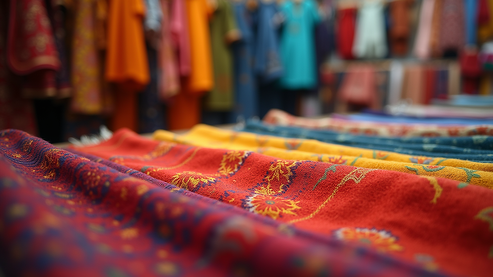 Eye-level view of a colorful textile display showcasing traditional craftsmanship