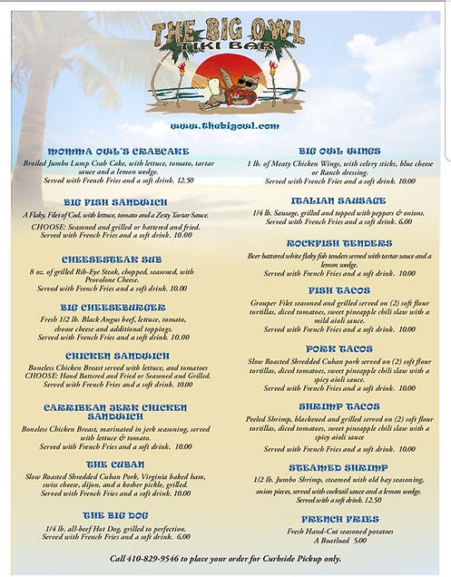 THE BIG OWL TIKI BAR MENU