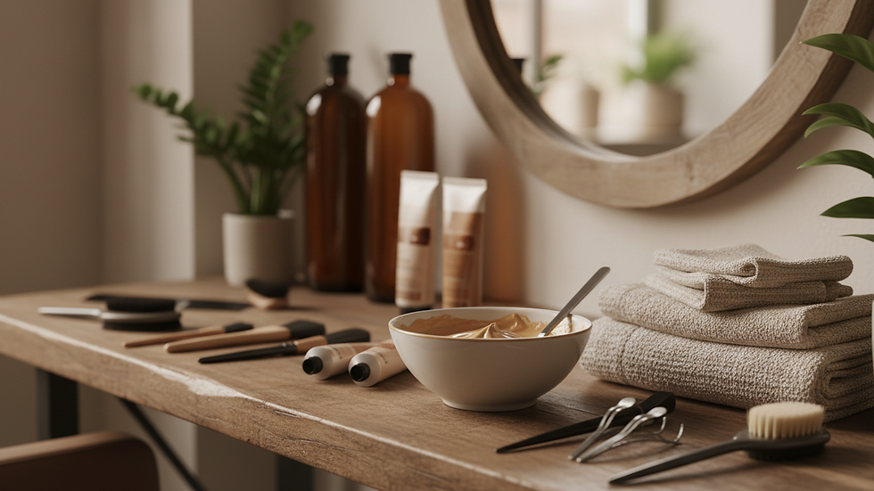 Eye-level view of a hair salon station with hair colour products and tools