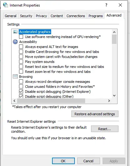 Reset the Internet Settings