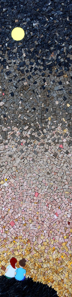 Tableau en mosaïque, ardoise, dégradé de marbres, pâtes de verre Orsoni et Albertini, tesselles d'or vénitien.

