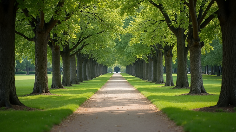 Eye-level view of a serene park with a walking path