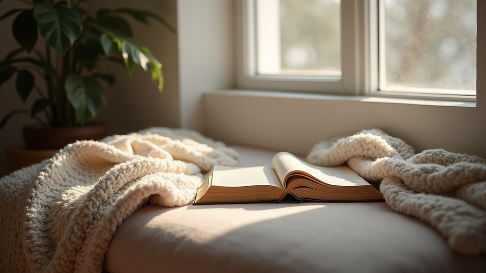 Eye-level view of a cozy reading nook with a soft blanket and a book