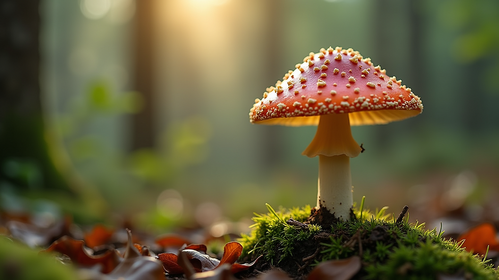 Eye-level view of a colorful mushroom in a forest setting