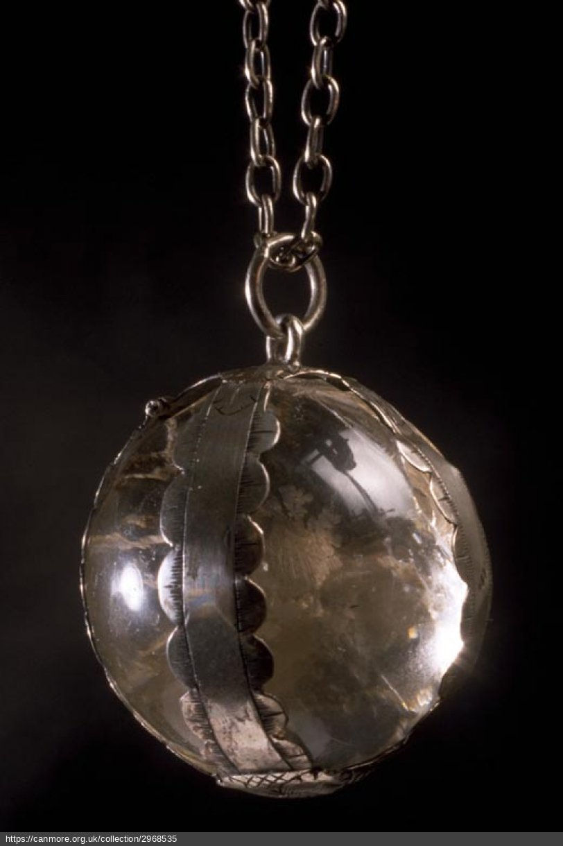 Rock-crystal charmstone Licensed by Gaidheil Alba (Records of the Scottish Cultural Resources Access Network (SCRAN), Edinburgh, Scotland).