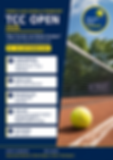 Plakat für TCC Open 2026 auf Sandplatz mit Netz und Tennisball; Infos zu Turnier, Anmeldung und Termin 04.–06.09.2026.