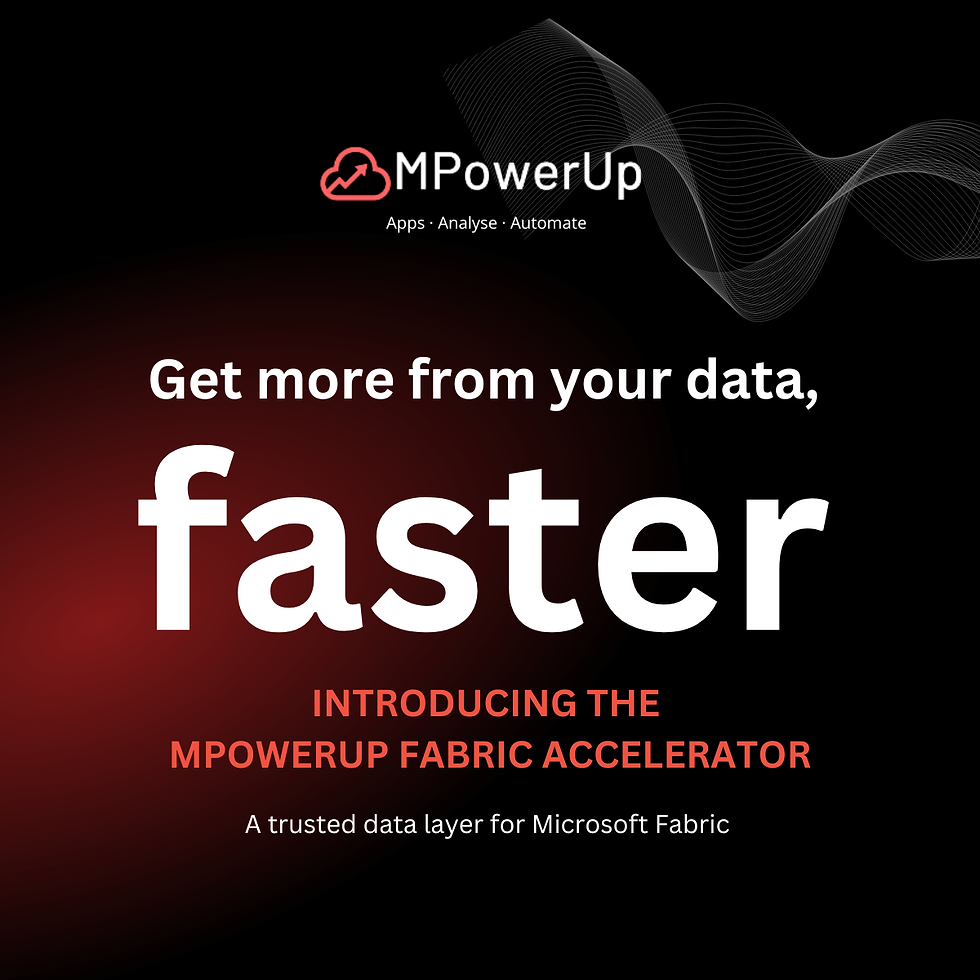 MPowerUp logo and wave graphic on black. Text: Get more from your data, faster. Introducing the Fabric Accelerator.