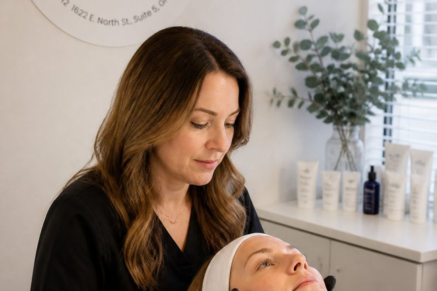 A licensed esthetician in a bright, private treatment room gently examining a client's facial skin under soft lighting, with skincare products visible on a clean counter nearby