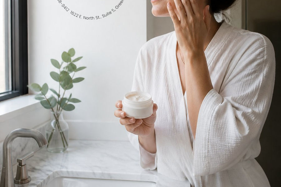 A millennial woman in her early thirties applying moisturizer at a bathroom vanity, soft morning window light, minimal product bottles arranged on a marble counter