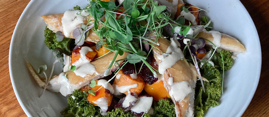 Kale and Roasted Vegetables with Smoked Mackerel and Tahini Dressing