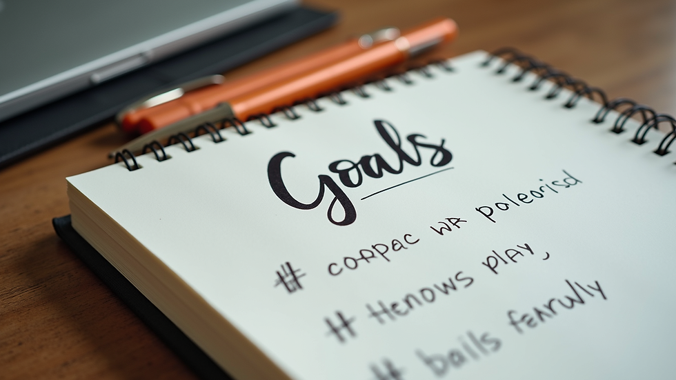 Close-up view of a notebook with handwritten goals and a pen on a wooden desk
