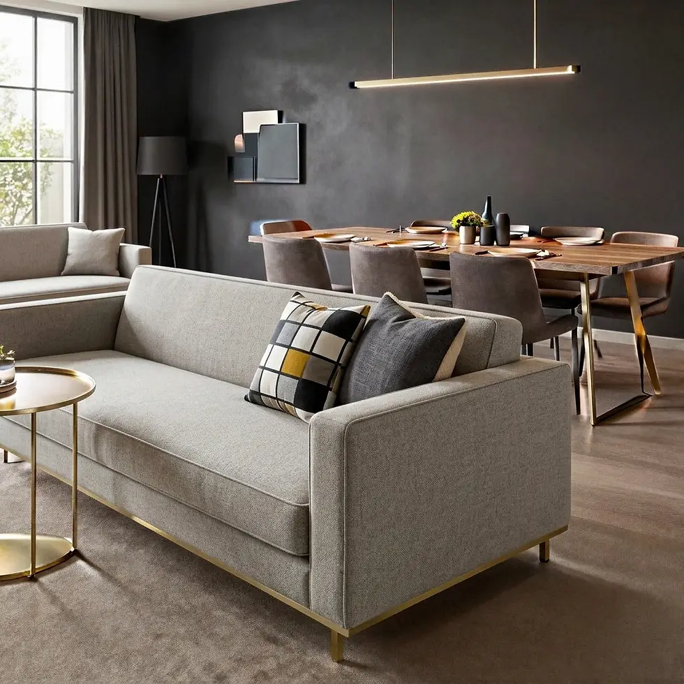 Interior photography of a modern living and dining room. The elegant, well-lit space features a stylish sofa and a sleek dining set.