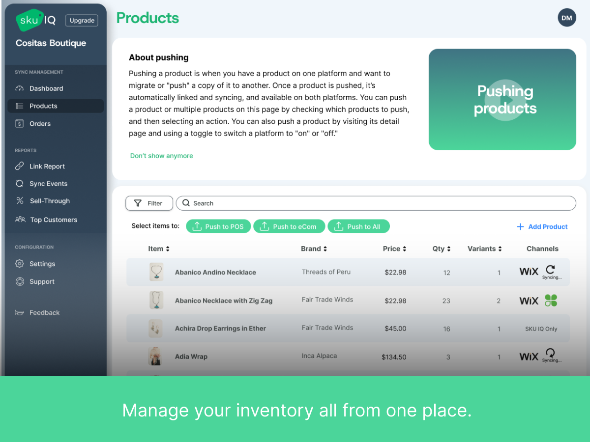 SKU IQ Inventory Sync dashboard view — app on the Wix App Market