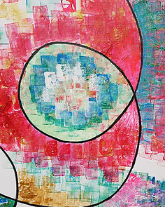 Abstract art in pink, turquoise, white and gold