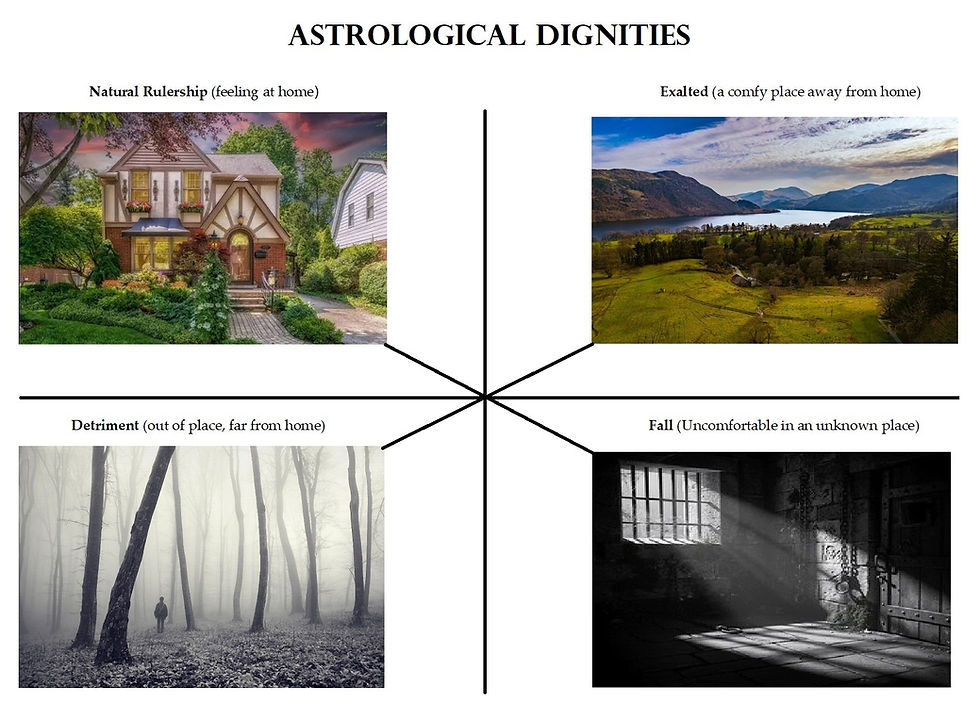 The planets are affected by the Astrological dignities which represent the strength, weakness, or comfort level of a planet based on its placement by sign in the Zodiac.