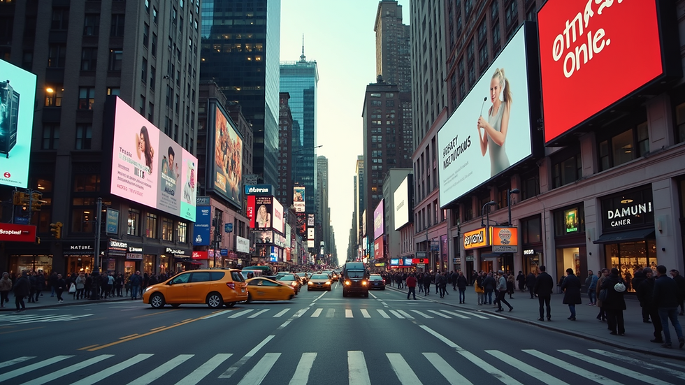 Eye-level view of a busy New York City street with digital marketing billboards
