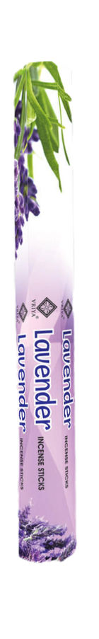 Vriya røkelsespinner Lavender sett fra toppvinkel, pakke med lange lavendelduftende røkelsespinner