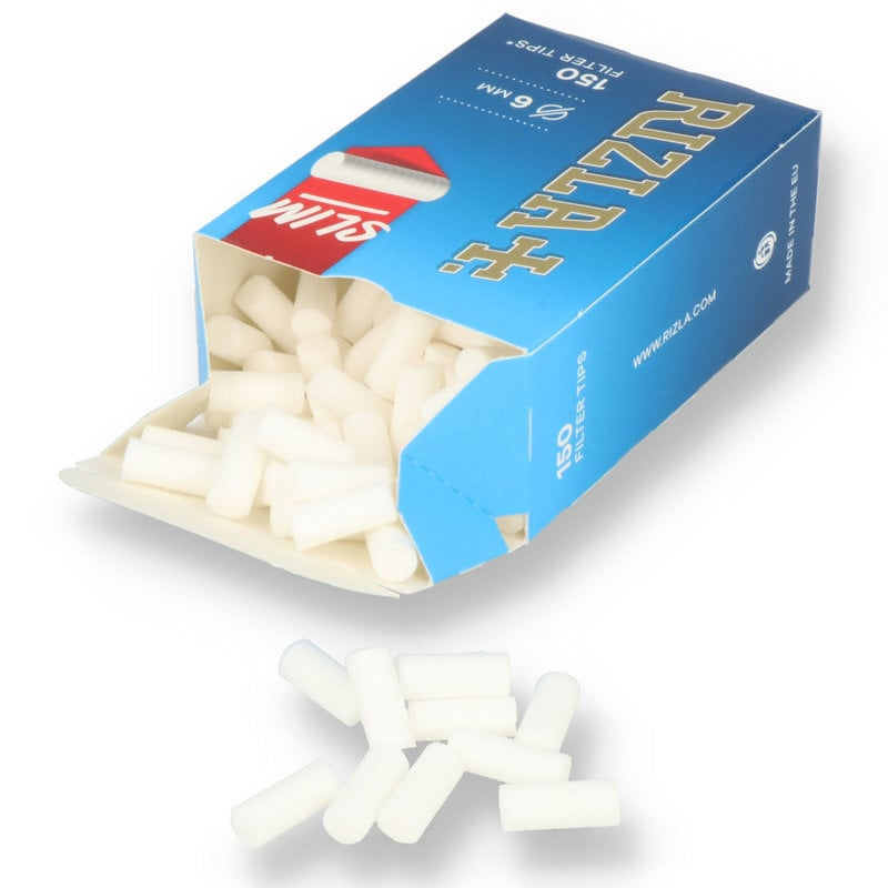 Rizla Slim sigarettfilter sett fra toppvinkel, 6 mm filter i pose eller eske med 150 stk.