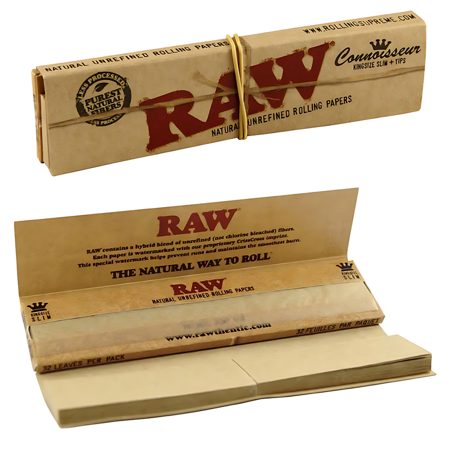 RAW King Size Slim med tips i kartong er naturlige rullepapir i naturfarget emballasje med rødt RAW-design og snor.