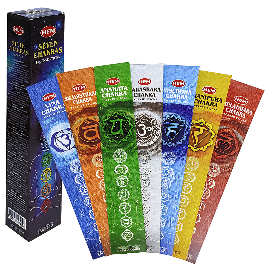 Seven Chakras røkelsespinner i pakke med sju chakra-inspirerte dufter og farger til meditasjon og balanse