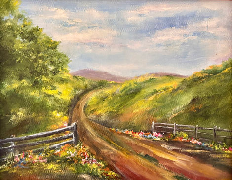 Painting scene of country road and wildflowers