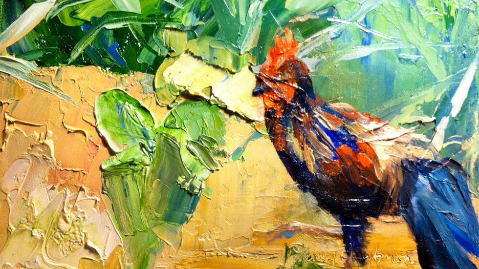 A bright feathered rooster frolicking in Kauai