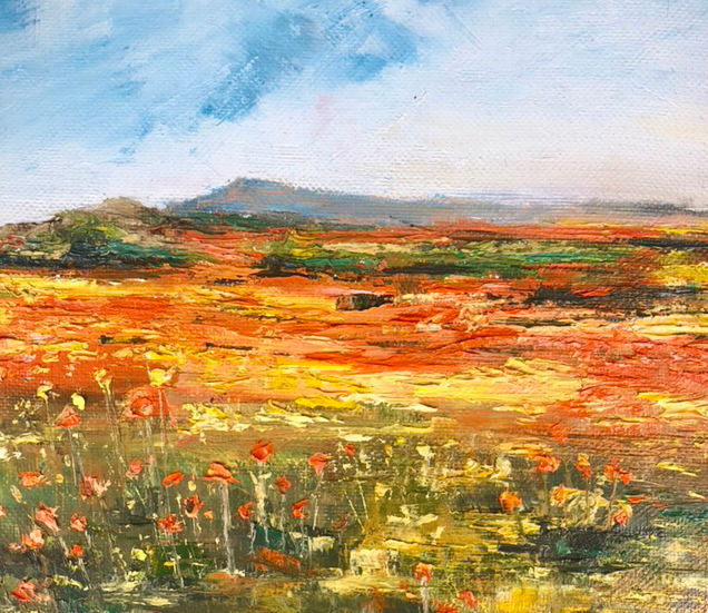 Poppy flower oil painting with blue skys.