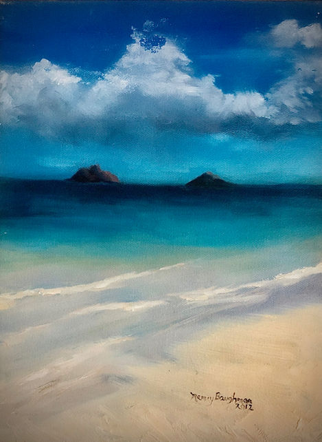 Lanikai Beach with blue ocean and gentle waves brush the shoreline