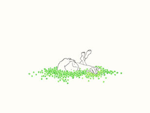 meisje liggend op buik in het mos, met voeten gekruist in de lucht, mos strelend; zwarte inkt en groen potlood, lijntekening Greet Cannaerts