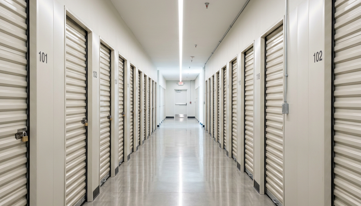 Eye-level view of a small climate-controlled self-storage hallway with closed unit doors.