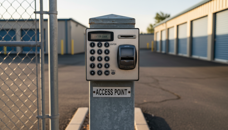 Close-up view of a self-storage gate keypad beside a paved drive aisle.