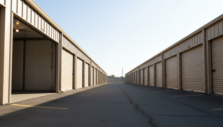 Eye-level view of a self-storage drive aisle with open and closed unit doors.
