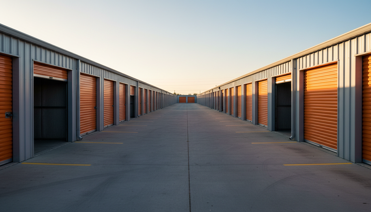Wide-angle view of a self-storage drive aisle with rows of orange and gray doors.